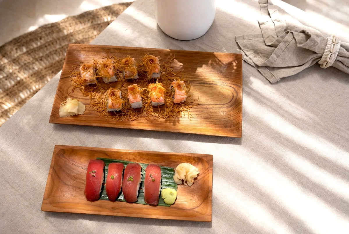 Teakholz Servierbretter 3er-Set | Holz Sushi & Tapas Platten S/M/L