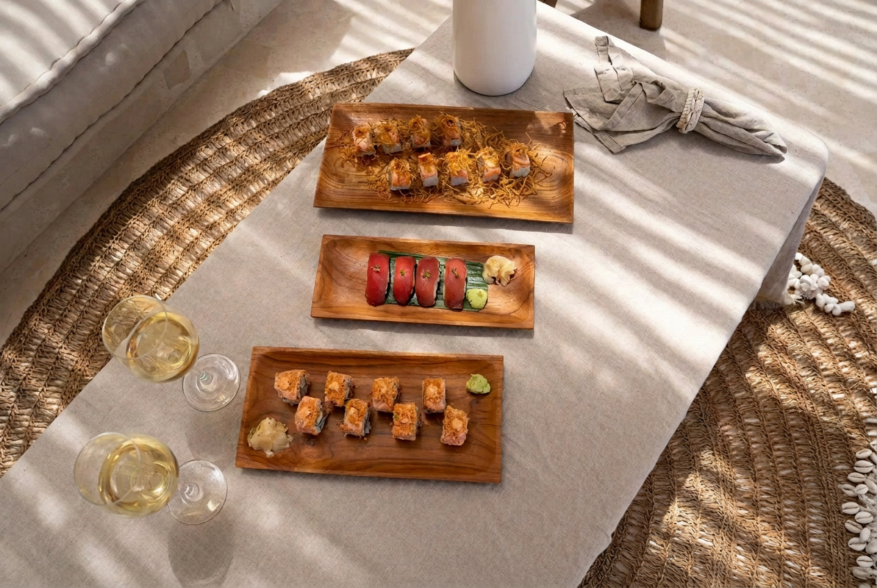 Teakholz Servierbretter 3er-Set | Holz Sushi & Tapas Platten S/M/L