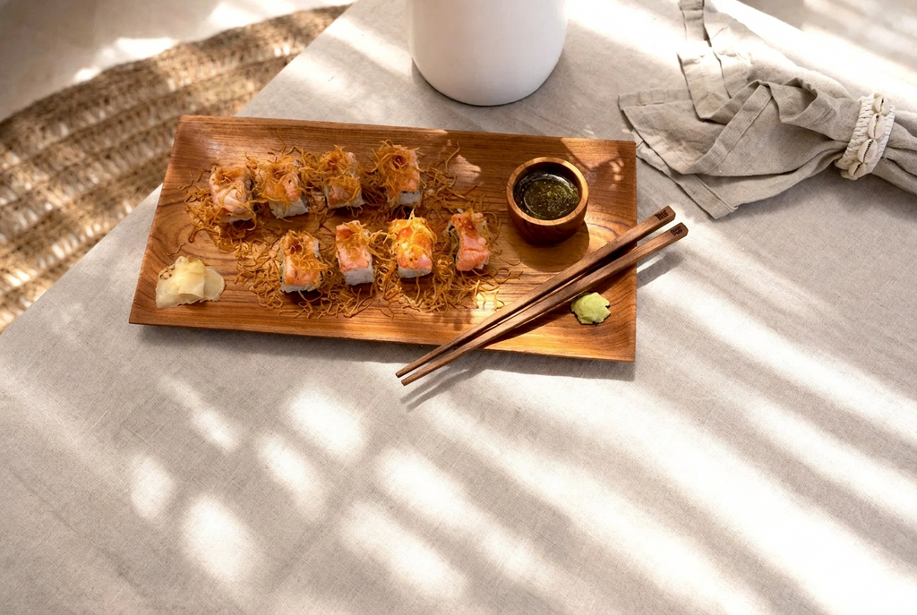 Japanese Sushi Set M (3-piece) – Teakwood Plate, Chopsticks & Salt Bowl